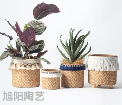 Nordic Modern Simple Retro Style Knitted Basket Breathable Succulents Potted Indoor Creative Cement Flower Pot