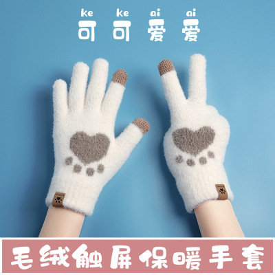 Factory Direct Sales Touch Screen Cat's Paw Cold-Proof Warm Gloves Women's Autumn and Winter Fleece-Lined Thickened Wool Knitted Gloves