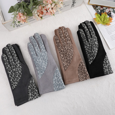 Fashion Autumn and Winter Women's Leopard Print with Velvet Wool Gloves Warm-Keeping and Cold-Proof Thickened Outdoor Sports Riding Gloves