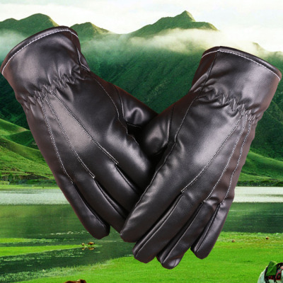 Autumn and Winter Men's Thermal Gloves Outdoor Riding PU Leather Three-Band Gloves Women's Fleece-Lined Cold Touch Screen Gloves