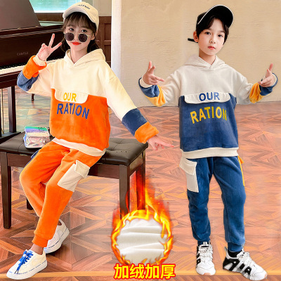 New Winter Clothes Children's Clothing Gold Velvet Boys and Girls Autumn Children and Teens' Sweater Hooded Suits One Piece Dropshipping