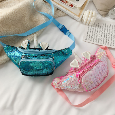 Foreign Trade Children's Bag Female Unicorn Printed Cartoon Waist Bag Sequined Cute Chest Bag Shoulder Bag Fashion