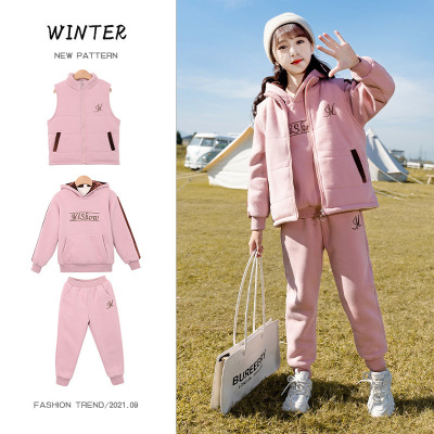 Girls' Winter Clothing 2021 New Children's Net Red Suit Middle and Big Children Large Hoody Three-Piece Set Fleece-Lined Thickened Casual Fashion