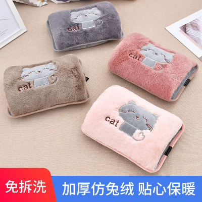 New Cartoon Naughty Cat Charging Hot Water Bag Wholesale Thickened Fleece Hand Warmer Explosion-Proof Double Plug Water Injection Hot Water Bottle