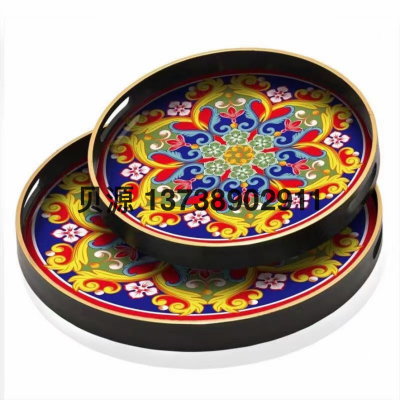 2021 New Retro Middle East Gold Tray Storage Tray Wooden Gold Frame Tray Fruit Plate Square round Fruit Plate