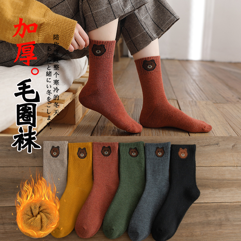 毛巾袜女中筒女袜加绒加厚冬季小熊毛圈袜子保暖冬天地板袜子批发