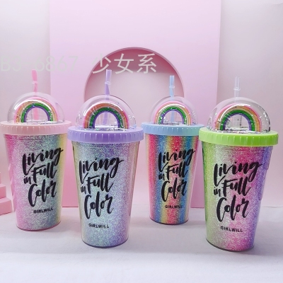 Cup Original Design Rainbow Cover Color Three-Dimensional Sequins Bling Double Layer Straw Cup Spot Stock