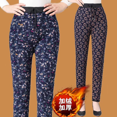 Middle-Aged and Elderly Women's Pants Autumn and Winter Mom Pants Fleece Warm Pants Outer Wear Thick Grandma's Pants Elastic Waist Straight Cotton Pants