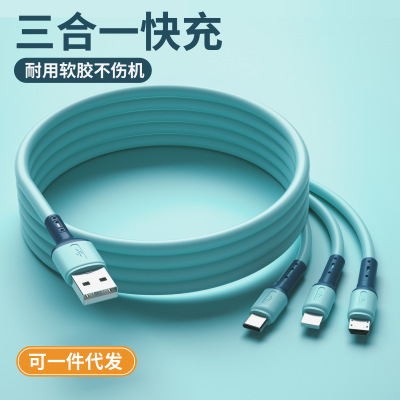 Liquid Soft Rubber Three-in-One Data Cable for Android Apple Type Mobile Phone Three-in-One Charge Cable in Stock Wholesale
