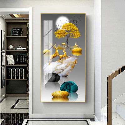 Light Luxury Fu Lu Goldeer Pattern Crystal Porcelain Material Decorative Painting Home Corridor Hallway Feng Shui Wall Decoration Hanging Painting