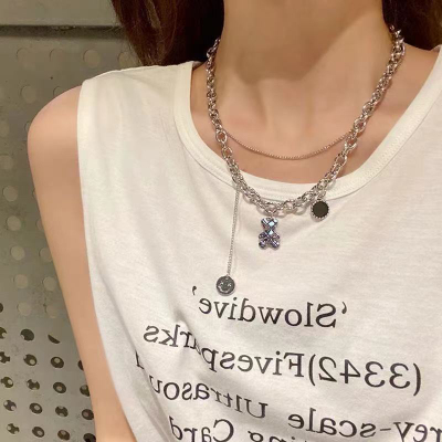 Flower Hip Hop Double-Layer Bear Necklace for Women Ins Trendy Special-Interest Design Smiley Face Clavicle Chain 2021new Necklace