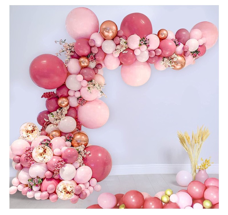 复古粉色气球花环套装婚礼女孩生日金色五彩纸屑气球迎婴派对装饰