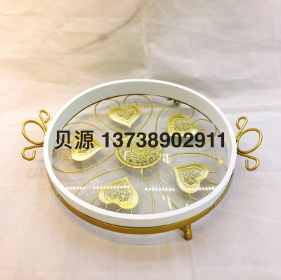 2021 New Retro Middle East Gold Tray Storage Tray Wrought Iron Gold Frame Tray Fruit Plate Square round Set