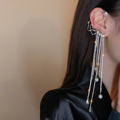 European and American Ins Style Fashion Pearl Diamond Tassel Earrings Ear Hanging One Lady Style Temperament and Exaggerated Long Earrings