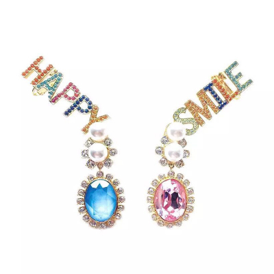 European and American Personalized Fashion Fashionmonger Ear Cuff Ear Clip Happy & Smile Colorful Crystals Water Drop Advanced Sense Alphabet Letter Earrings Female