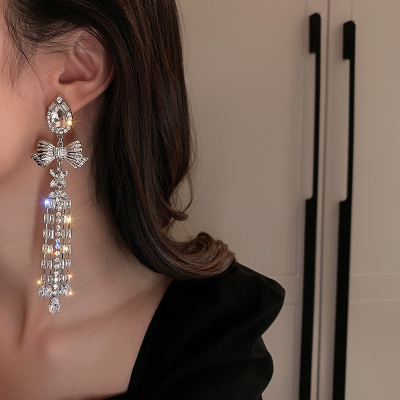 Diamond Water Drop Bow Tassel Stud Earrings Court Fashion Design Earrings Internet Celebrity Generous Earrings Women