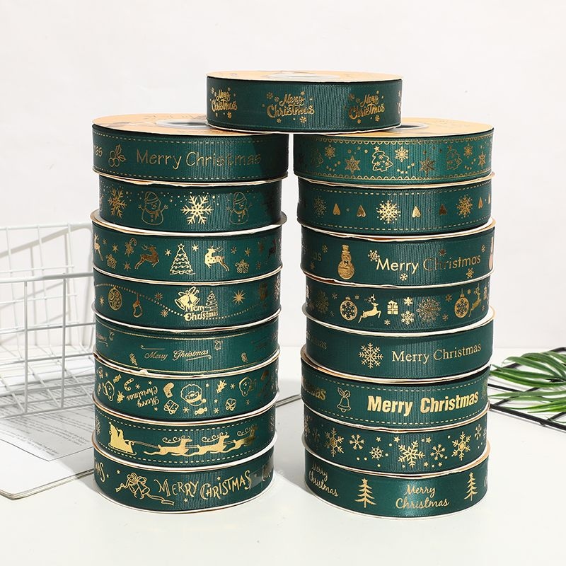 新款 绿色 烫金丝带 蝴蝶结装饰材料 节日装饰 圣诞装饰 3.8*10码