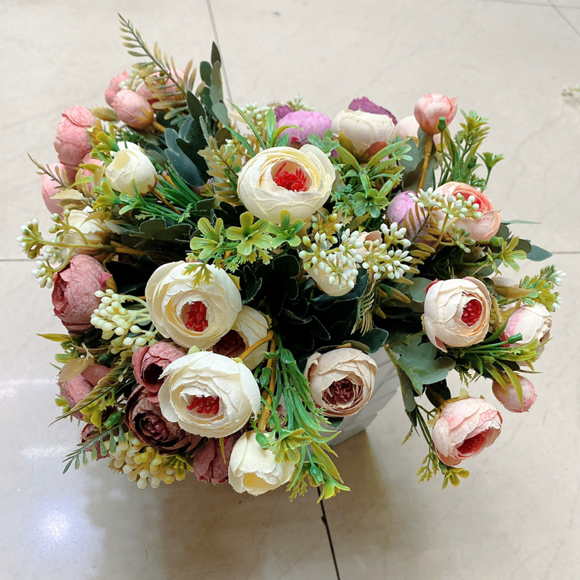 欧式复古把束小茶玫仿真花批发  婚庆家居假花茶梅小把花