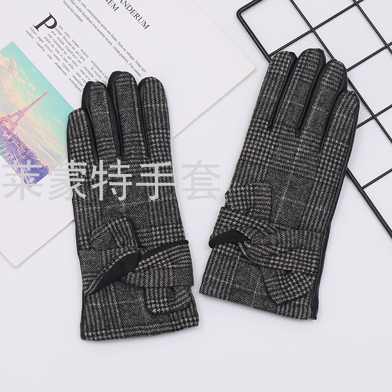 AB版女款 超柔里 手背千鸟格 手心PU 手背打大结