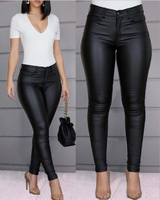 2021 Autumn and Winter Cross-Border New Amazon Wish Solid Color PU Leather Pants Casual Sexy Skinny Pants Women's Trouse