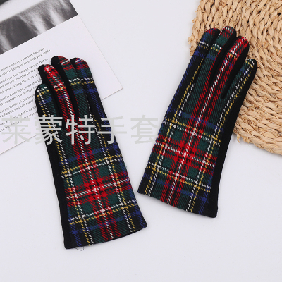 AB Version Non-Inverted Velvet Women's Single Hand Back Plaid Palm Non-Inverted Velvet Left and Right Hand Only Index Finger Embroidered Natural Plum Touch Screen