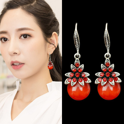 Ethnic Style Retro Fashion Agate Earrings Women's Simple Temperament Opal Jeweled Earrings All-Match Ear Jewelry Wholesale