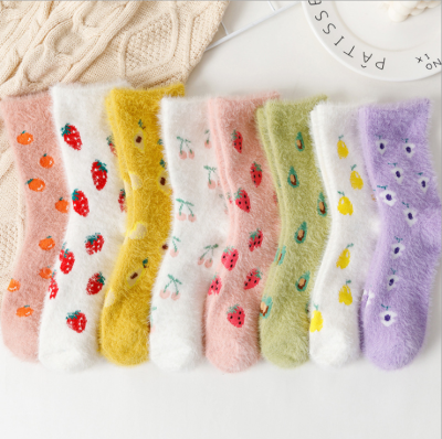 Women's Mid Tube Stockings Mink Fur Casual Cartoon Fruit White, Strawberry Warm Cross-Border Wholesale Socks