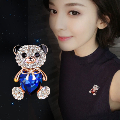 Factory Wholesale Korean Style High-End Exquisite Bear Pin Crystal Diamond Cartoon Fashion Brooch Clothing Accessories