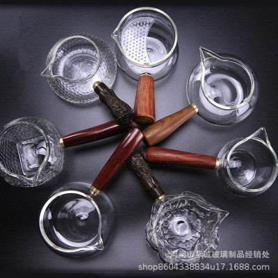 Heat-Resistant Glass Fair Cup Wooden Handle Glass Water Cup Japanese Style Hammer Pattern Glass Thickened Glass Cup Tea Cup