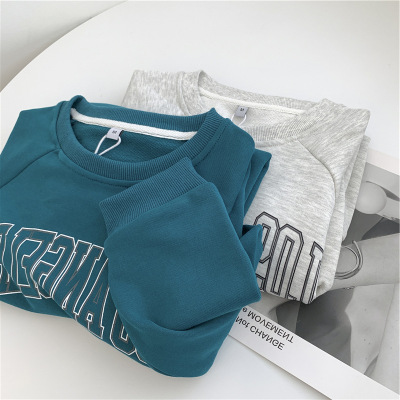 Peacock Blue Color Raglan Sleeve Letter Print Sweatshirt Women's Korean Style Autumn and Winter New Loose Long Sleeve Pullover Top Fashion