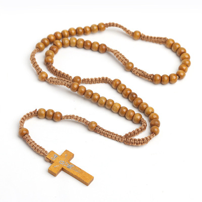 Natural Wooden Bead Christian Rosary Necklace Hand-Woven Cross Necklace Jesus Religion Foreign Trade Ornament Wholesale