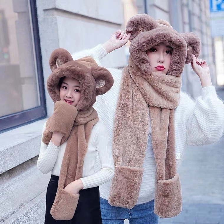 防獭兔毛M款帽子围巾手套三件套