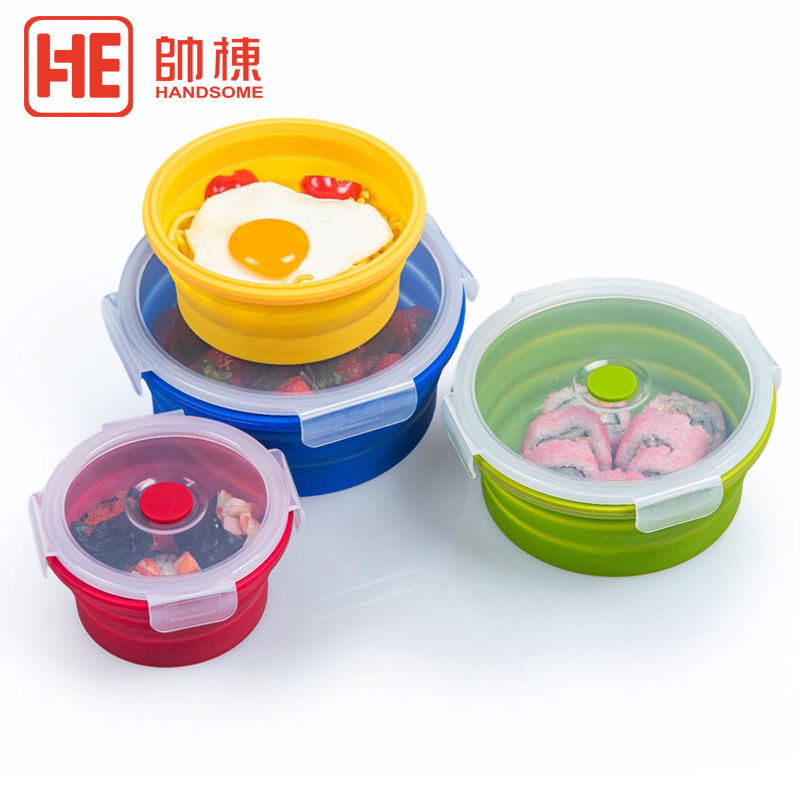 亚马逊便携折叠饭盒 圆形硅胶饭盒 微波炉饭盒 折叠保温午餐盒