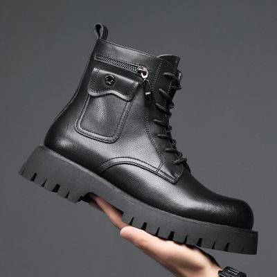 Autumn and Winter New Martin Boots Men's Leather Casual Motorcycle Boots Black Tie Mid-High Leather Boot Men's Shoes