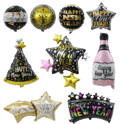 Cross-Border New Year Aluminum Balloon Black Gold New Year Wine Bottle Five-Star round Aluminum Foil Balloon New Year Party Decoration Layout