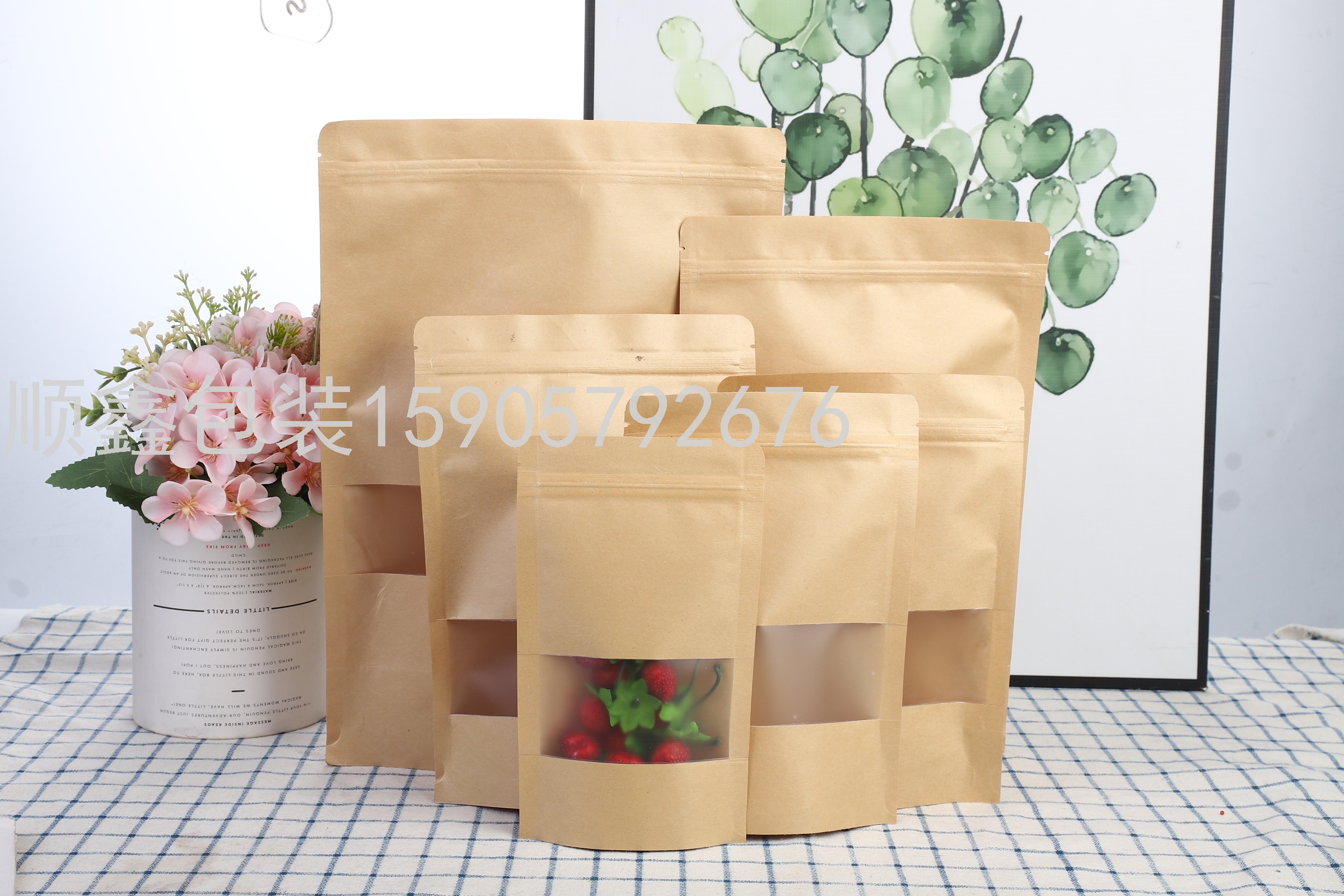 现货！透明开窗牛皮纸自立自封袋，食品，干果袋，可定制LOGO