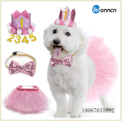 Pink Pet Female Canine Birthday Suit Tutu Skirt Birthday Hat Sequined Bow Tie Three-Piece Cross-Border