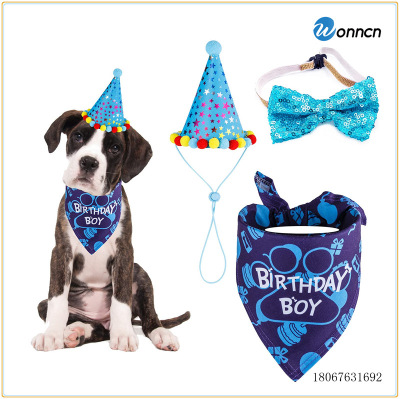 Dog Birthday Hat Triangle Scarf Glitter Bow Tie Pet Birthday Supplies Printing Happy Birthday Three-Piece Set