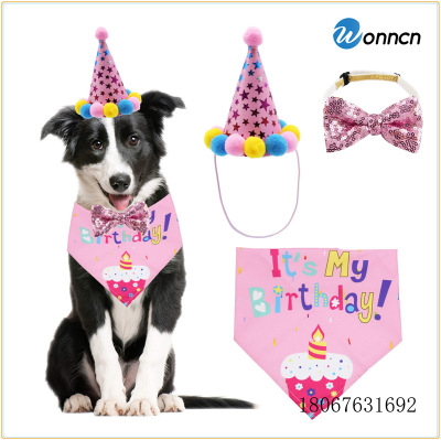 Pet Birthday Three-Piece Suit Bib Birthday Hat Sequined Bow Tie Pink Dog Suit Triangular Binder Factory Direct Sales