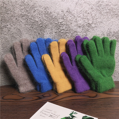 Korean Winter Real Rabbit Fur Pure Color Warm Keeping Plush Five-Finger Gloves Female Student All-Matching Wool Knitted Finger Gloves