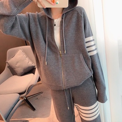 Autumn New Waffle Striped Hooded Sweater Set Women's Loose Leisure Sports Ankle Banded Pants Two-Piece Suit Fashion