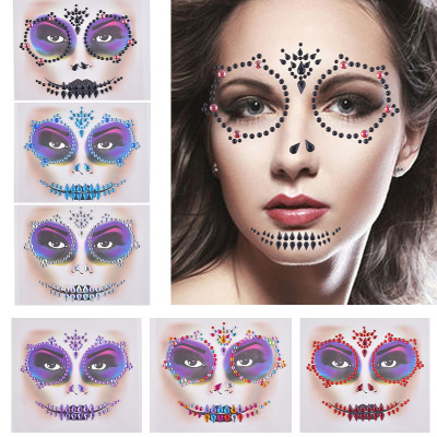 Cross-Border New Arrival Halloween Tattoo Sticker Ghost Festival Face Stick-on Crystals Makeup Party Tattoo Sticker Face Stick-on Crystals
