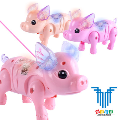 Tiktok Electric Lamplight Music Walking Rope Pig Dog Doll with Rope Music Rope Pig Toy Wholesale