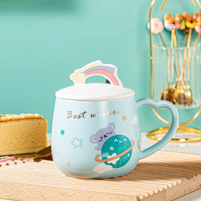 Creative Rainbow Planet Ceramic Cup Cartoon Mug with Cover with Spoon Water Cup