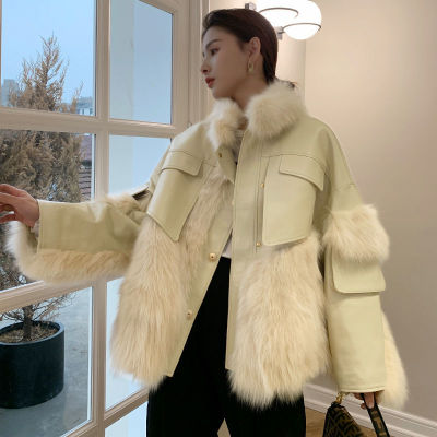 2021 Winter New Faux Fox Fur Fur Coat Women's Stitching Leather Coat Young Fur and Leather Overcoat Retro