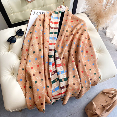 New Double-Sided Five-Pointed Star Letter Scarf Women's Autumn and Winter Cashmere-like Tassel Shawl Thickened Warm Fashion Scarf Fashion