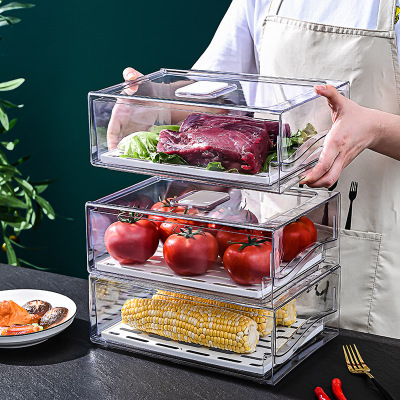 New Kitchen Refrigerator Crisper Stackable Fruit and Vegetable Finishing Box Drain Transparent Sealed Refrigerator Storage Box