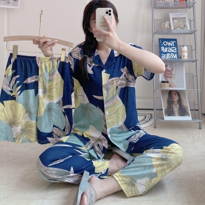 Factory Direct Sales Cross-Border Summer Autumn Short Cardigan Pajamas Women's Homewear Leaf Suit Milk Silk Southeast Asia