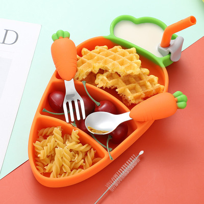 Children's Silicone Plate Carrot 304 Stainless Steel Fork Spoon Tableware Set Baby Baby Solid Food Compartment Plate