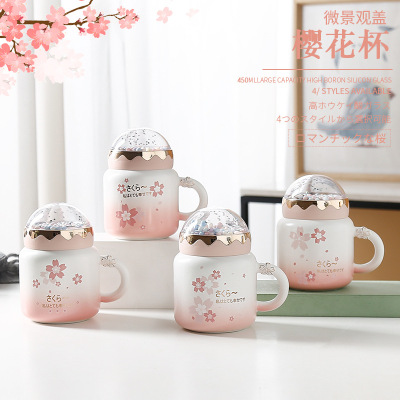 Quicksand Gradient Pink Water Cup Cute Girl Flower Ceramic Cup Mug with Lid Large Capacity Coffee Cup